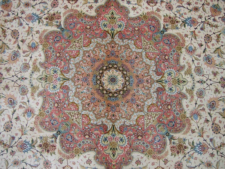  orange red central medallion of silk carpet