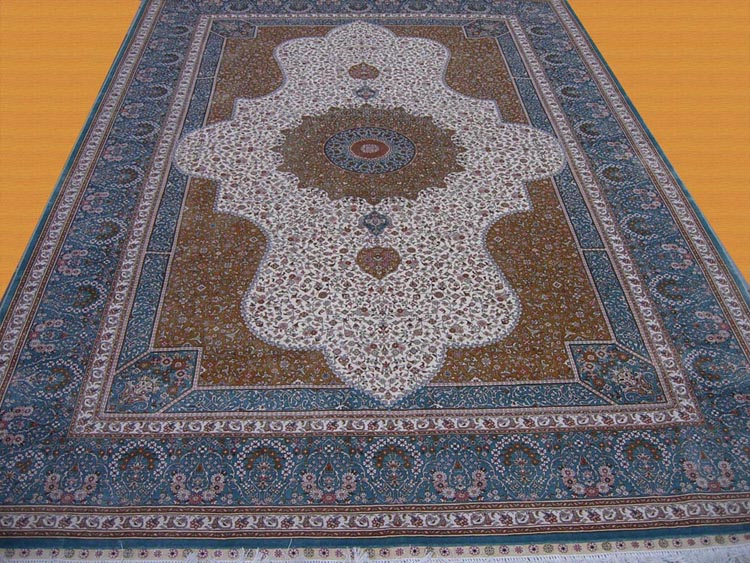blue border golden and white color persian silk carpet